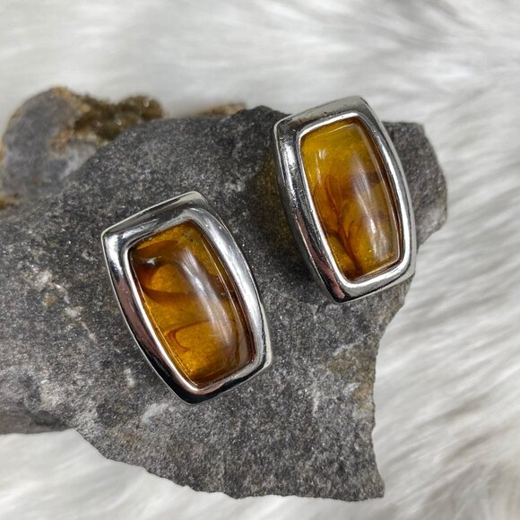Vintage Faux Amber Silver Tone Rectangle Clip-on Earrings 1.25" X .75" - Picture 1 of 8